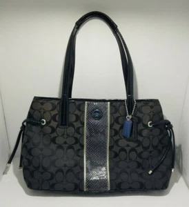 Coach F24882 Black Signature Python Print Stripe Tote Bag Free Shipping - Picture 1 of 12