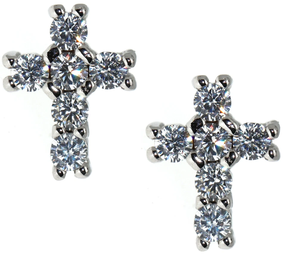 Orecchini argento 925 a croce pietre zirconia cubica bianco 10x8 mm donna uomo - Immagine 1 di 4