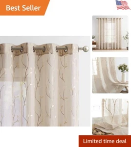 Beige Linen Sheer Curtains 96 Inch Length Embroidered Voile for Living Room - Picture 1 of 9