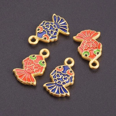 10 cuentas de metal cobre esmaltado color azul/rojo de dos caras con forma de pez 16x10 mm Foto 1 de 4