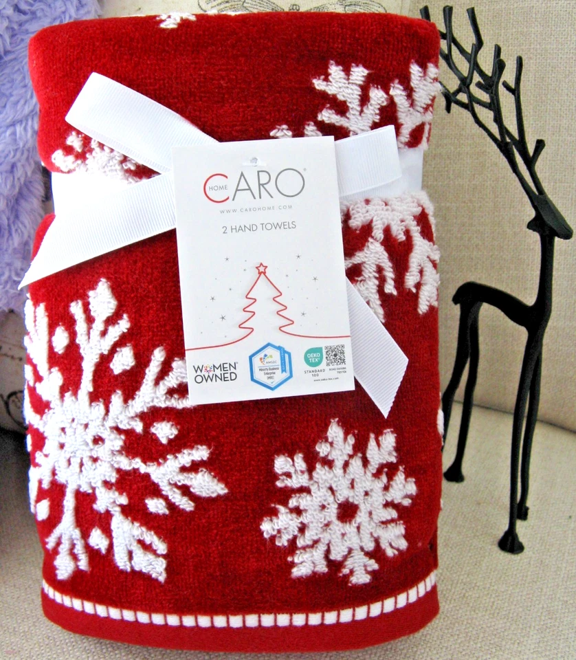 Nuevo Juego de 2 toallas de mano de baño de algodón copos de nieve rojos y blancos de Navidad CARO Foto 1 de 4