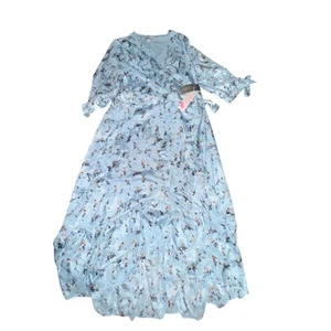 New York & Company Eva Mendes Cassidy Wrap Dress Women's Size L Blue Floral NWT - Picture 1 of 9