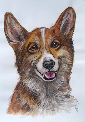 Retrato de perro Corgi animal pintura original arte pintado a mano 8x5,5"" único en su clase Foto 1 de 2