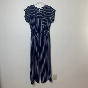 Monteau Women's Jumpsuit Size L Wide Leg Navy Blue Striped Lined Pant - Picture 1 of 9