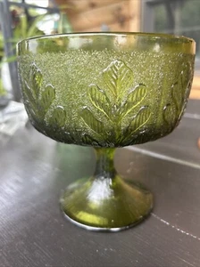 Vintage FTD 1975 Avocado Grün Glas Standfuß Kompott Schale mit Eichenblatt Design  - Bild 1 von 13