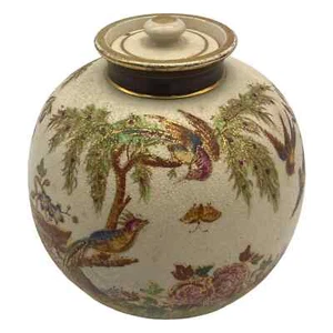 Crown Albion Pottery Jar Lidded w Hand Painted Pheasants Flowers & Trees 4" Tall - Picture 1 of 4