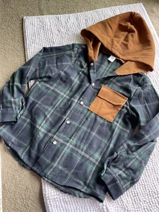 SHEIN Kids EVRYDAY Young Boys Girls Button Color Block Hoodie Plaid 7 Youth af - Picture 1 of 3
