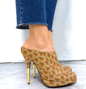 MISSONI Beige & Brown Knit Fabric Platform Mules Heeled Sandals, Size 37 - Picture 1 of 15