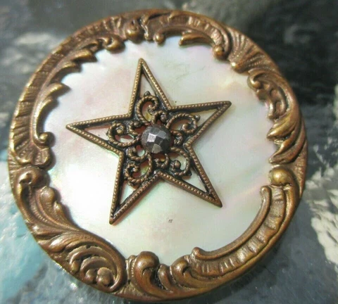 Antique MOP Shell Button Brass Overlay Facet Steel Openwork Star AP Paris Large Cover