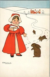 A/S F. Holms Vintage Winter Niederlande Postkarte ~ Kind füttert Kaninchen - Bild 1 von 2