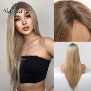Long Silky Straight Synthetic Lace Front Wigs Natural Middle Part Ombre Brown