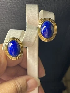 Christian Dior Vintage Clip Earrings Blue Lapis Cabochon Gold Oval Signed - Bild 1 von 10