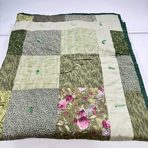 handmade lap quilt floral green pink cotton rustic primitive 40x50 - Picture 1 of 9