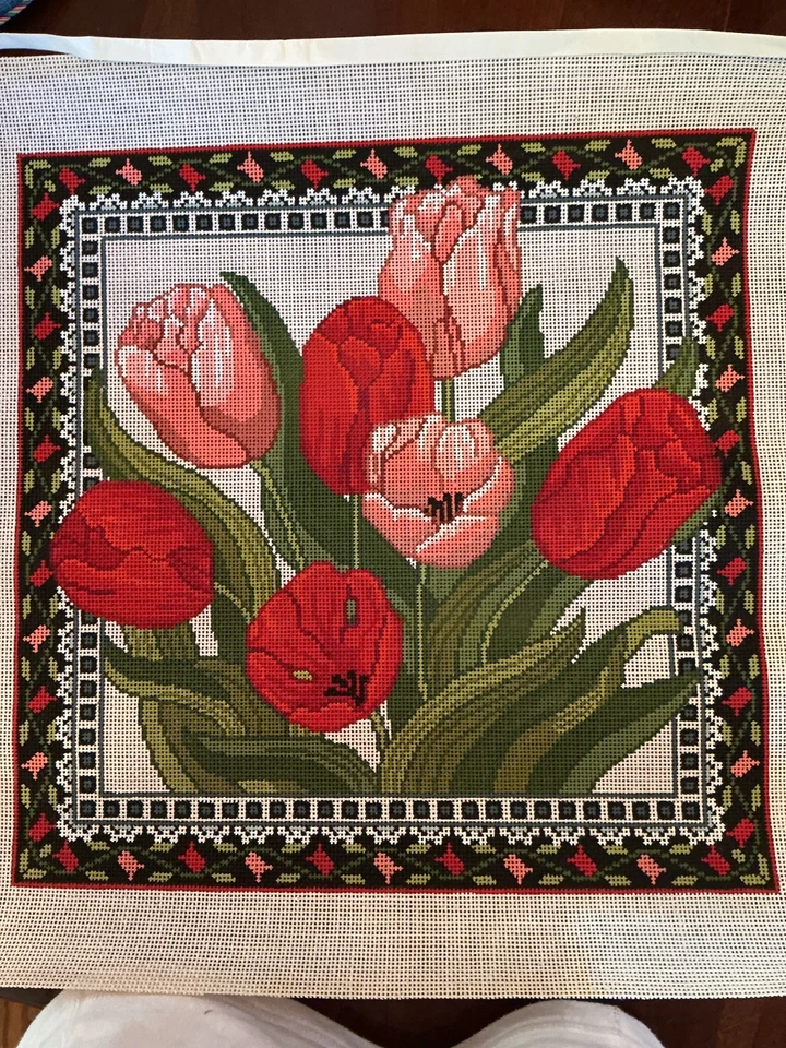 Needlepoint canvas artist, unknown, spring tulips - Image 1 of 1