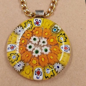 Murano Millefiori Glass Pendant Necklace Gold Tone Chain 22" Vtg Lobster Claw - Picture 1 of 6