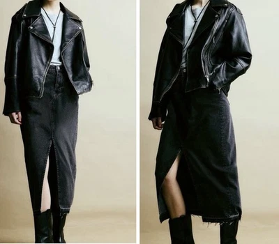 NUEVO CON ETIQUETAS H&M Falda Larga Denim Dobladillo Deshilachado Borde Crudo en Negro Lavado | Talla 4 Foto 1 de 4