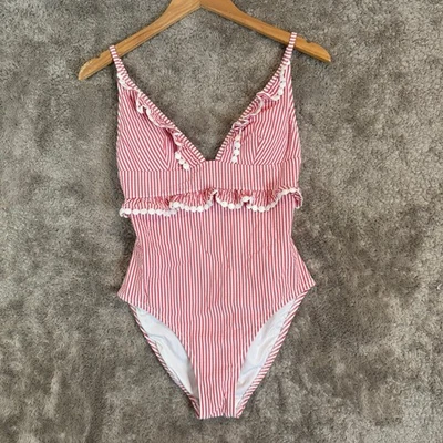 J. Купальник цельный Crew Ruffle Seersucker красный розовый белая полоса 2 XS - Изображение 1 из 4