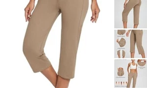 Yoga Pants for Women Capris High Waist Leggings with Pockets Wide Leg - Picture 1 of 7
