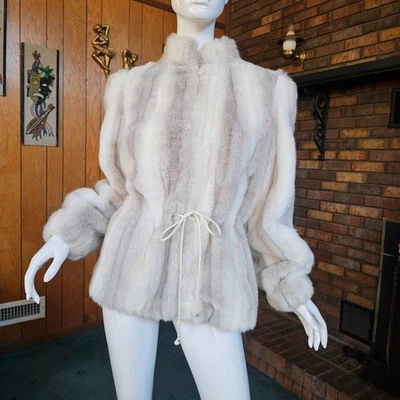 Vtg 80s Studio 54 Disco Glam White Faux Fur Ribbed Cinched Shorty Coat Jacket M - Image 1 of 4