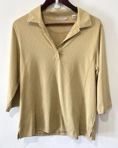 Green Lamb Polo Shirt Womens Plus Sz 16 Beige Argyle 3/4 Sleeve Buttons Stretch - Picture 1 of 11