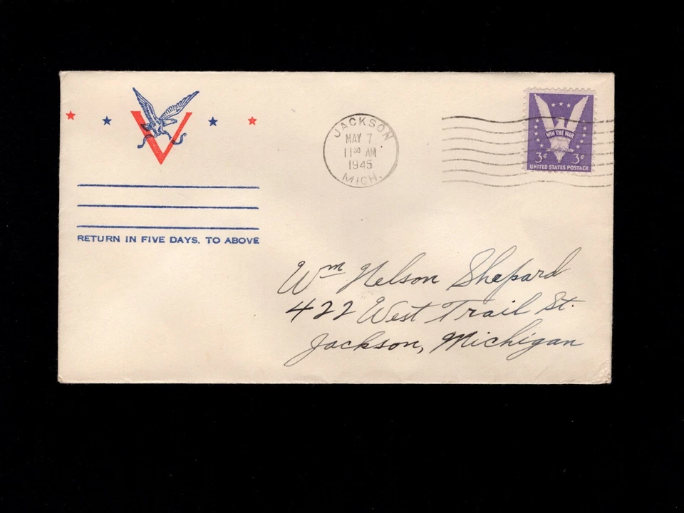 WWII Patriotic Eagle V Ribbon Stars VE DAY Jackson MI May 7 1945 Cover 5o - Image 1 of 1