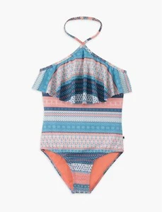 $99 Lucky Brand Girls' Blue Orange Geo-Print Ruffled Halter One-Piece Swimsuit M - Picture 1 of 2