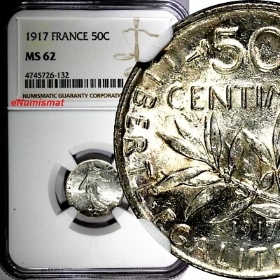 FRANCE Silver 1917 50 Centimes NGC MS62  KM# 854 (132) - Image 1 of 4