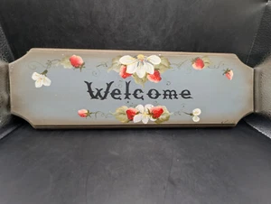 Hand-Painted Wooden "Welcome" Sign Tole Paint, Strawberries Artist Signed - Picture 1 of 16