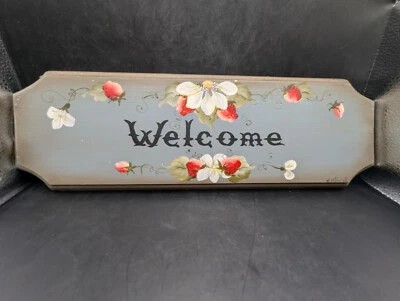 Hand-Painted Wooden "Welcome" Sign Tole Paint, Strawberries Artist Signed - Image 1 of 4