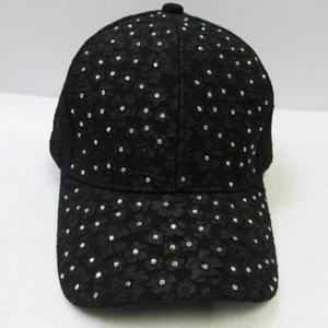 Black Floral Lace Baseball Hat Cap With Iridescent Rhinestone Studded Bling - Picture 1 of 4