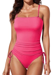 Womens One Piece Swimsuits Ribbed Tummy Control Swimsuit Cheeky Tie Side Bathing - Picture 1 of 12