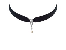 Pearl Dangling Choker Handmade 30/1 mm Black Velvet Silver Plated Rose Faux