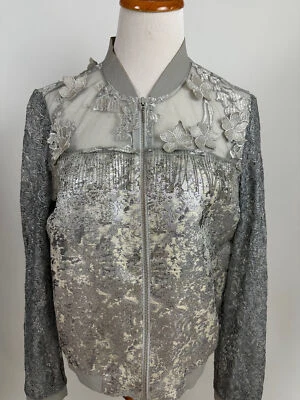 TAHARI silver gray embellished Fatima full zip bomber jacket Women's M - Image 1 of 4