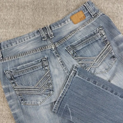 BKE Derek джинсы мужчин 34L (подходит 35 x 33) расслабленный прямой эластичной синий джинсовой ткани Whisker - Изображение 1 из 4