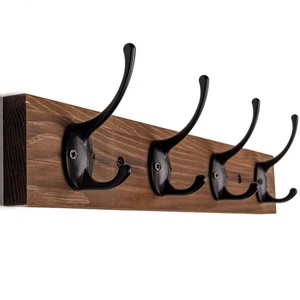 Wooden Wall Mounted Coat Hooks, Brown, 4 Hooks Hat Rack, for Entryway - Picture 1 of 7