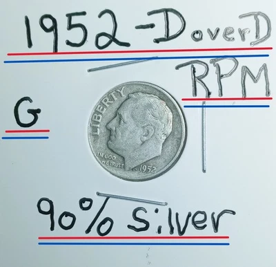1952 D Roosevelt Dime Error Heavy D over D RPM90% Silver Good Condition Look See - Image 1 of 4