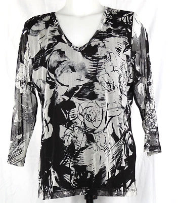 Lynn Ritchie Black Abstract Floral 3/4 Sleeve Lined Silk Mesh Shirt XL - Image 1 of 3