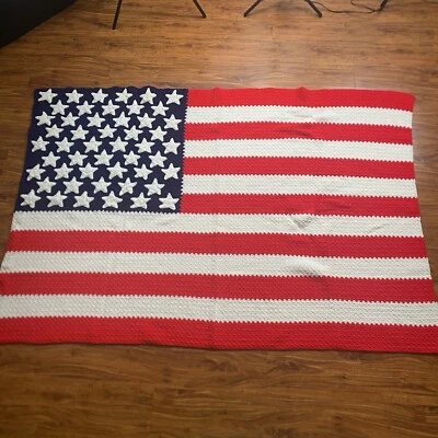 Vintage Handmade Red White Blue Yarn American Flag Crochet Afghan Large Blanket - Image 1 of 4