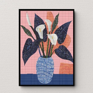 Elegant Calla Lilies in Blue Vase | Cross Stich Pattern - Cross Stitch Chart - Picture 1 of 3