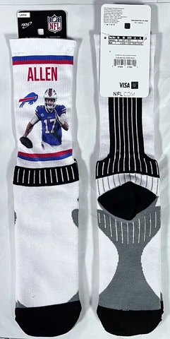 BUFFALO BILLS JOSH ALLEN #17 MEN'S WHITE CREW SOCKS LARGE (10-13) FREE SHIP Cover
