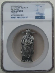 NGC MS70 Chad 2021 God of Wealth High Relief Antiqued Silver Coin 2oz - Picture 1 of 10