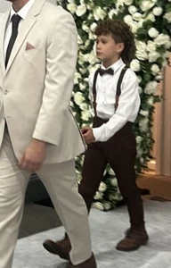 Boys Suspenders / Bow Tie Dark Brown  Fits 9 Year Old 7-10?Worn An Hour Wedding - Picture 1 of 8