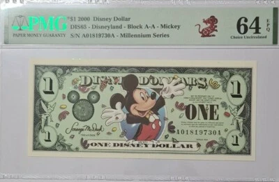 2000 $1 Disney Dollar Mickey PMG64 EPQ UNC @ Block AA @ Millenium Series - Image 1 of 4