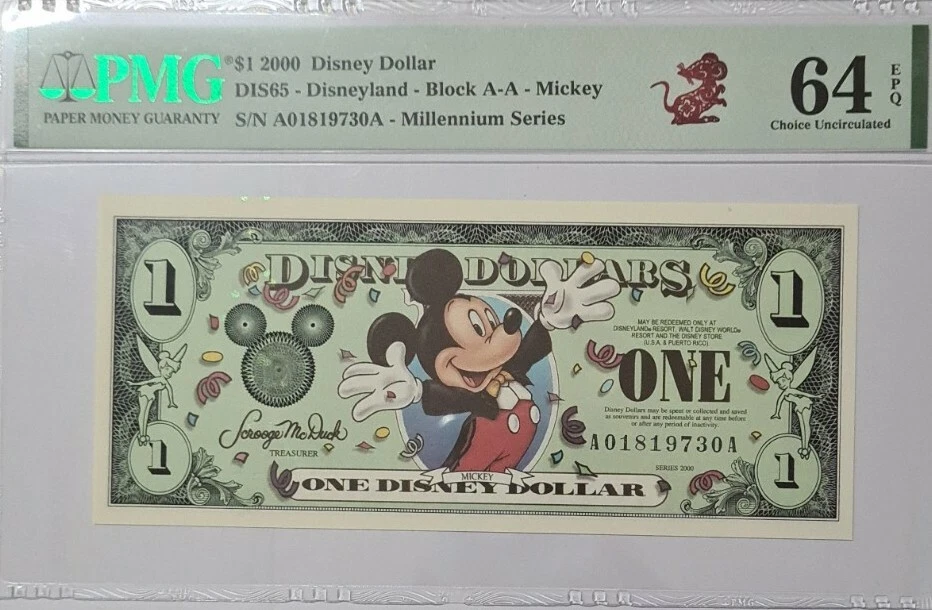 2000 $1 Disney Dollar Mickey PMG64 EPQ UNC @ Block AA @ Millenium Series - Image 1 of 4