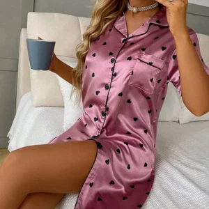 Women Satin Sleep Shirt Dress Silk Nightshirt Button Down Nightgown Pajama Dress - Picture 1 of 22
