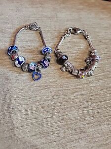 Pandora Silver Bracelet w Charms Set Of  2  1 Blue W Mom Charms And 1 Purple 