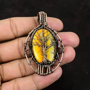 Bumble Bee Jasper Copper Gift For Mum Wire Wrapped Tree Of Life Pendant 2.6" - Picture 1 of 7