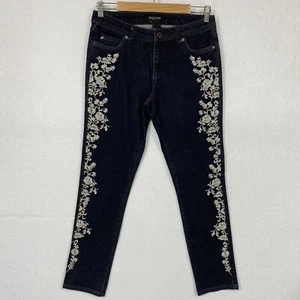 Etcetera Jeans Women’s 2 Floral Embroidered Dark Wash Straight Stretch Navy Blue - Picture 1 of 14