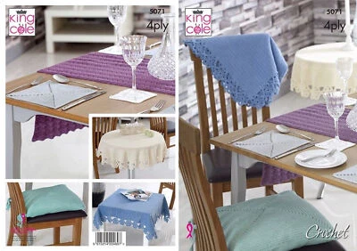 Table Linen 4 Ply Crochet Pattern Tablecloth Mat Runner Seat Pads King Cole 5071 - Image 1 of 3