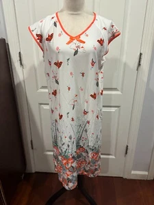 Women Short Sleeve V Neck Nightgown White w/Orange Flowers Size L 42"L x 19"W - Picture 1 of 5